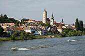 Europe, Austria, Wachau, Krems An Der Donau, Spires, Towers And Speedboats