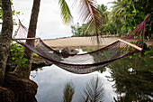 Eine bunte Hängematte hängt zwischen zwei Bäumen und über einem Fluss im Caletas-Reservat auf der Halbinsel Osa; Costa Rica