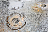 Blick auf die dampfenden Schlammtöpfe im geothermischen Gebiet in der Nähe des Myvatn-Sees; Island