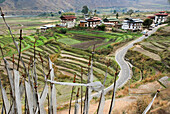 Ein Blick auf die Häuser und Reisterrassen auf dem Weg nach Punakha; Punakha, Bhutan