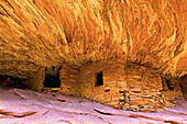 'House on Fire' ruins of the ancient Pueblos cliff dwellings, stone structures carved into the dramatic, jagged adobe cliffs in Cedar Mesa at the South Fork of Mule Canyon; Utah, United States of America