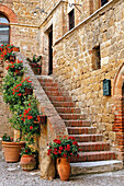Altes Steingebäude mit Ziegeltreppe und Topfgeranien (Pelargonium); Toskana, Italien