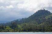 Mit Dschungel bewachsene Uferlinie und Hügel entlang der Küste der Morobe-Bucht; Provinz Morobe, Papua-Neuguinea
