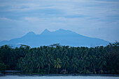 Jungle and shoreline village among coconut palms (Cocos nucifera) with silhouetted mountains in the distance on the coast of Morobe Province; Morobe Province, Papua New Guinea