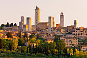 Medieval town of San Gimignano with it many towers (Torri di San Gimignano), Torre Grossa being the tallest, surrounded by the Tuscan countryside; San Gimignano, Tuscany, Italy