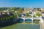 Overview of Rome and the Tiber River with the Ponte Vittorio Emanuele II bridge in the foreground; Rome, Lazio, Italy