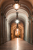 View through the open arcade, hallway along the sides the Rua Augusta Arch; Lisbon, Estremadura, Portugal