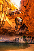 Golden Cathedral porthole arch in Neon Canyon, Grand Staircase–Escalante National Monument; Utah, United States of America