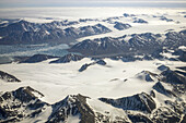 Aerial of alpine glaciers and fjord, Spitsbergen, Svalbard, Norway.