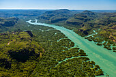 Ein Luftbild des Mangrovenwaldes in der Nähe der Mitchell Falls in der Kimberley-Region im Nordwesten Australiens.