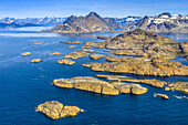 Aerial view of the rocky coast of Eastern Greenland.