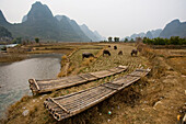 Bamboo boats provide transportation in this remote village.