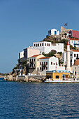 Buildings at harbor entrance of the historical island of Kastellorizo (Megisti) Island; Dodecanese Island Group, Greece