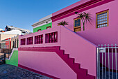 Close-up of colorful heritage houses on Wale Street in the Bo-Kaap District; Cape Town, Western Cape, South Africa