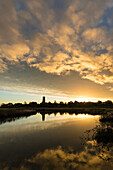 Looking over marshes at dawn to Blythburgh Church; Suffolk, England