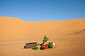 A remote tented camp is visible near a sand dune in the Sahara near Erg Chebbi; Erg Chebbi, Morocco