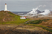 The lava fields and geothermal plant of Gunnuhver, southwest Iceland.; Reykjanesviti lighthouse, Grindavik, Reykjanes peninsula, Iceland.
