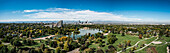 Panoramic view of the city of Denver with overview of Ferril Lake and City Park; Colorado, United States of America