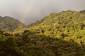 Clouds and a rainbow over the Monteverde rainforest.; Monteverde Cloud Forest Reserve, Costa Rica.