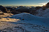 An expedition team's base camp on Conturines Spitze in the Italian Dolomites.; Cortina d'Ampezzo, Dolomites, Italy.