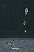 Kiteboarding on the Columbia River at Hood River.; Columbia River and Hood River, Oregon.