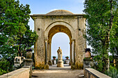 Temple of Ceres with statue of the Goddess of Ceres, in a stone pavilion at the entrance to the Terrace of Infinity at Villa Cimbrone; Ravello, Salerno, Italy