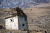 Towers of silence on the mountainside in Ingushetia; Republic of Ingushetia, Russia