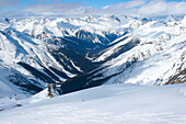 Ein Backcountry-Snowboarder fährt ein Schneefeld in der Nähe des Rogers Passes in den Selkirk Mountains des Glacier National Park hinunter; British Columbia, Kanada