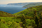 View of Pleasant Bay from the Cabot Trail in the Cape Breton highlands.; Cabot Trail, Cape Breton Highlands National Park, Nova Scotia, Canada.