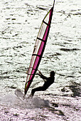 Windsurfer segelt über das Wasser; Oahu, Hawaii, Vereinigte Staaten von Amerika
