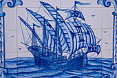 Sailing ship painted on tiles; Oporto, Portugal