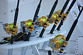 Close-up of fishing rods stored on a fishing boat; Port Antonio, Jamaica