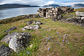 Blick auf die archäologische Stätte von Hvalsey bei Qaqortoq an der Südspitze Grönlands im Nordatlantik; Südgrönland, Grönland