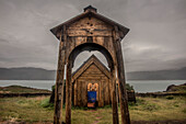 Wooden arches and building of the recreated Tjodhilde Church in Greenland's Brattahlid, Eriksfjord area, part of a reconstruction of Erik the Red's settlement, Kujataa World Heritage Site, Qassiarsuk; Southern Greenland, Greenland