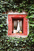 An Old Window Displaying Bird Sculptures With Vines Growing Around It; Sommerhausen Bavaria Germany