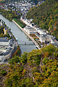 High Angle View Of A Bridge Crossing The River Lahn And Buildings Along The Water's Edge; Bad Ems Rheinland-Pfalz Deutschland