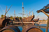 Replicas Of The Ships Columbus Sailed To The Americas In The Wharf Of The Caravels; Palos De La Frontera, Huelva Province, Andalusia, Spain