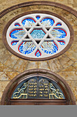 Round Stained Glass Window And Hebrew Writing On A Tablet In The Neve Salom Synagogue; Istanbul Turkey