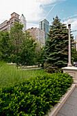 Trees And Landscaping Along A Path With Skyscrapers In The Background; Chicago Illinois United States Of America