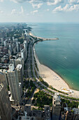 High Angle View Of Buildings Road And Beach Along Lake Michigan; Chicago Illinois United States Of America