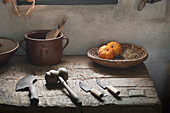 Czech Republic, Cooking tools laying on wooden table; Prague
