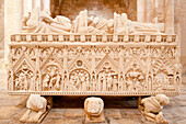 Portugal, Estremadura and Ribatejo, 12th century Cistercian Monastery of Santa Maria; Alcobaca, Tomb of Dona Ines de Castro resting on grotesque figures of her murderers