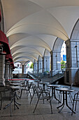 Japan, Tables And Chairs In Colonnade; Kyoto