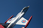 Low Angle Close Up Of A Cf-104 Starfighter Plane With Deep Blue Sky; Mount Hope, Ontario, Canada