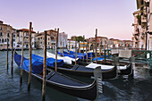 Gondolas Mooring In A Row; Venice, Italy
