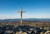 Scenic view of a mountain top (Lusen) with crucifix cross at summit, Bavarian Forest National Park, Bavaria, Germany