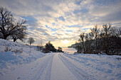 Landschaft einer verschneiten Straße an einem Wintermorgen, Oberpfalz, Bayern, Deutschland