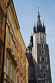 Close-up of tower of Church of the Holy Virgin Mary, Main Market Square, Krakow, Poland.