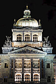 Close-up of domed roof of the National Museum at night, Prague, Czech Republic