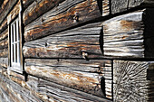 Close-up of weathered logs on traditional wooden building at Barkerville Historic Town in British Columbia, Canada